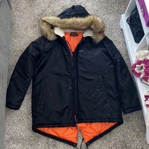 Men's Black Parka Coat with Faux Fur Trim